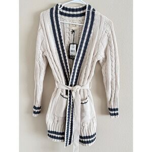 Chaser Cake‎ and Blue Jay Stripe Cable Knit Belted Cardigan Sweater NWT Small